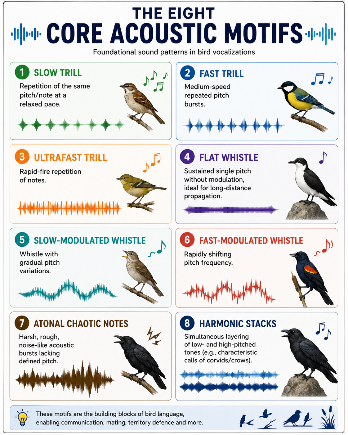 Eight-Note Acoustic Alphabet of Bird Songs