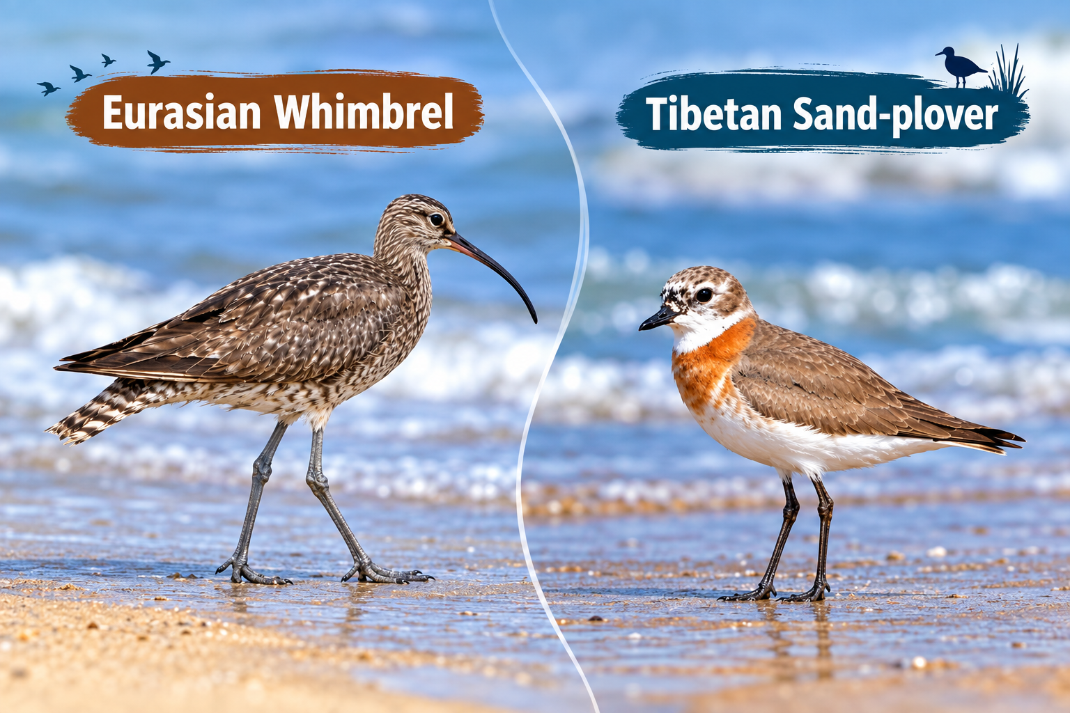 Ringed Eurasian Whimbrel & Tibetan Sand-Plover 